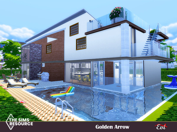 Sims 4 — Golden arrow _TSR only CC by evi — A family house with three bedrooms on the second floor and a special terrace
