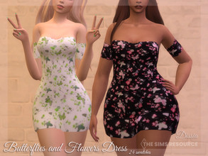 Sims 4 — Butterflies and Flowers Dress by Dissia — Cute short dress with frilly edges and half sleeves in butterfly and