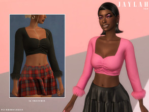 Sims 4 — JAYLAH | top by Plumbobs_n_Fries — Ruched Top With Feather Trim Sleeves. New Mesh HQ Texture Female | Teen -