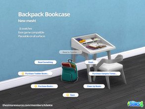 Sims 4 — Backpack Bookcase by kliekie — Backpack that functions as a bookcase. Can be placed on any surface. Comes in 8