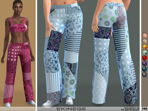 Sims 4 — Patchwork Print Pants - Set27-2 by ekinege — A pair of pants featuring a patchwork-effect print, a high rise,