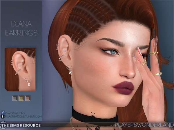 Sims 4 — Diana Earrings by PlayersWonderland — A small set of different ear piercings and the small letter R. Coming in 3
