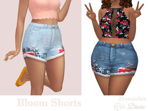 Sims 4 — Bloom Shorts by Dissia — High waist jeans shorts with patches :) Avalabile in 20 swatches