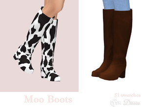 Sims 4 — Moo Boots by Dissia — Under the knee low heel boots in solids and cow spots pattern :) Available in 51 swatches