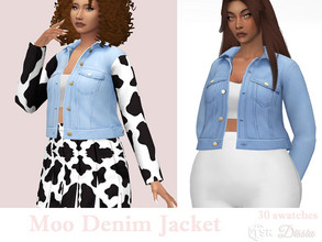 Sims 4 — Moo Denim Jacket by Dissia — Jeans jacket with or without cow spots sleeves and with white top under :)