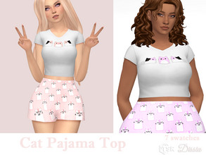 Sims 4 — Cat Pajama Top by Dissia — Cute short sleeves short top with V cleavage and cat print :) Available in 7 swatches