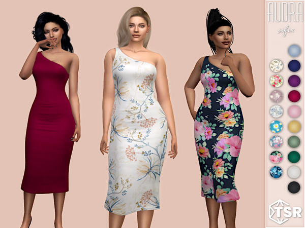 Sims 4 — Audra Dress by Sifix2 — An asymmetric pencil dress available in 18 colors, including 8 floral patterns and
