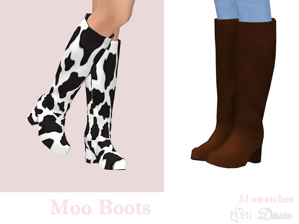 Sims 4 — Moo Boots by Dissia — Under the knee low heel boots in solids and cow spots pattern :) Available in 51 swatches