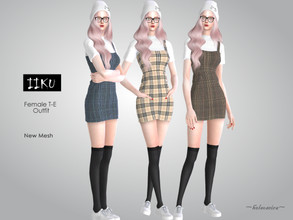 Sims 4 — IIKU - TShirt with Mini Dress by Helsoseira — Style : T-shirt Top with plaid Cami dress Name : IIKU Sub part