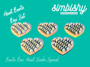 Sims 4 — Bento Box Sushi Spread by simbishy — For cute lunchtimes! A heart-shaped chopping board with sushi overflow from
