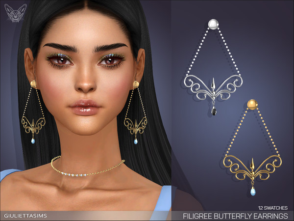 Sims 4 — Filigree Butterfly Earrings by feyona — Filigree Butterfly Earrings with a briolette cut teardrop stone come in