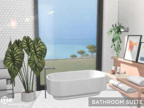 Sims 4 — Bathroom Suite | TSR CC only  by Summerr_Plays — A spacious bathroom suite with a large shower, bathtub, water