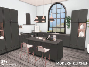 Sims 4 — Modern Kitchen + Dining | TSR CC  by Summerr_Plays — A modern kitchen and dining room. Medium Wall Height 
