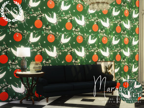 Sims 4 — Marquite Wallpaper by networksims — A pattern of birds and flowers on a deep green background.