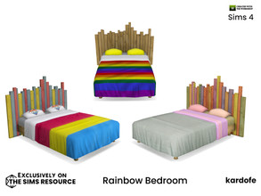 Sims 4 — Rainbow Bedroom Bed by kardofe — Double bed, with a wooden board headboard and Pride patterned bedspreads, in
