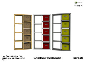 Sims 4 — Rainbow Bedroom Bookshelf by kardofe — Wooden bookcase with baskets, in three colour options