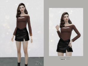Sims 4 — ZN-LEATHER SKIRT by ZNsims — The design details of this dress are: leather texture, slit. 5 colors.