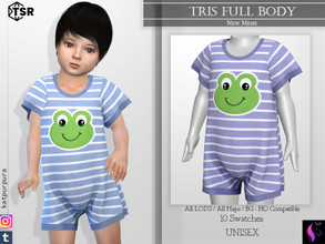Sims 4 — Tris Full Body by KaTPurpura — Short-sleeved jumpsuit with horizontal lines and a frog for infant boys and girls