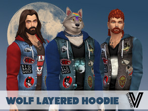 Sims 4 — Wolf Layered Hoodie by SimmieV — How many patches can you fit on a denim vest? Express the beast within with