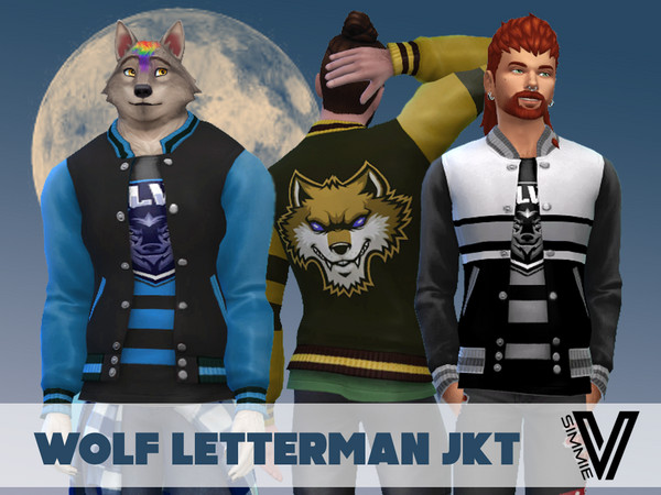 Sims 4 — Wolf Letterman Jacket by SimmieV — A collection of 8 letterman jackets and coordinating teez with a lot of wolf