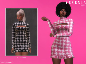 Sims 4 — YESENIA | dress by Plumbobs_n_Fries — Houndstooth Short Dress, With Chest Cut-Out New Mesh HQ Texture Female |