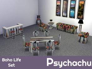 Sims 4 — Boho Life Pt 1 by Psychachu — o ARMCHAIR - 3 swatches o BAR - 1 swatch o BARSTOOLS - 3 swatches o DINING CHAIR -