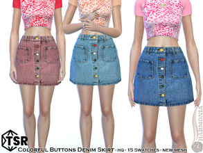 Sims 4 — Colorful Buttons Denim Skirt by Harmonia — New Mesh All Lods 15 Swatches HQ Please do not use my textures.