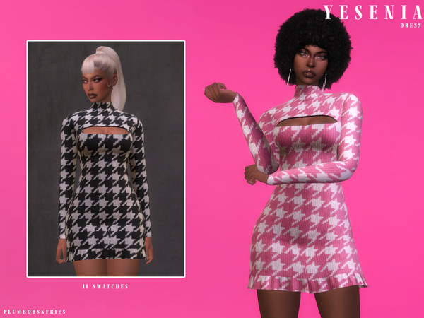 Sims 4 — YESENIA | dress by ali1 — Houndstooth Short Dress, With Chest Cut-Out New Mesh HQ Texture Female | Teen - Elders