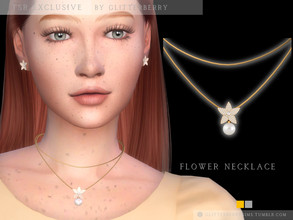 Sims 4 — Flower Necklace by Glitterberryfly — A golden necklace with a flower and pearl pendant 