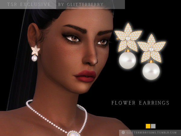 Sims 4 — Flower Earrings by Glitterberryfly — A gorgeous gold and diamond flower with a pearl