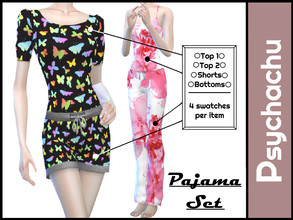 Sims 4 — Pajama Set by Psychachu — 2 sets of pajamas with matching top/bottom swatches. PJ Top 1 - 4 swatches PJ Bottoms