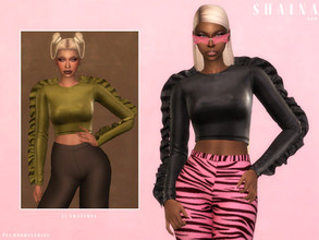 Sims 4 — SHAINA | top by Plumbobs_n_Fries — Leather Crop Top With Ruffles on Sleeves New Mesh HQ Texture Female | Teen -