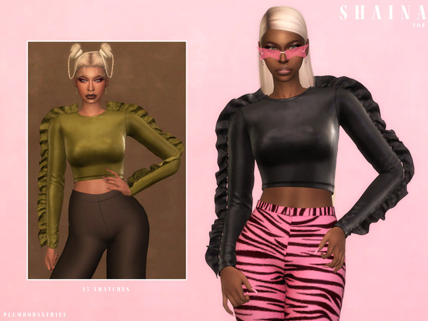 Sims 4 — SHAINA | top by ali1 — Leather Crop Top With Ruffles on Sleeves New Mesh HQ Texture Female | Teen - Elders Hot