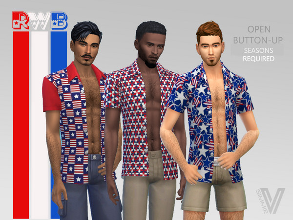 Sims 4 — Red White Blue Open Button Up by SimmieV — Just because your wearing your shirt open, it doesn't mean you can't