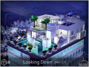 Sims 4 — Looking Down (No CC!) by nobody13922 — Large modern house built on a skyscraper in the center of San Myshuno.
