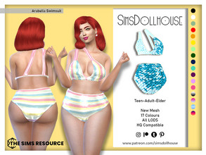 Sims 4 — Arabella Swimsuit by SimsDollhouse — One shoulder bikini in 4 patterns and 13 solid colours for Sims 4 teens to