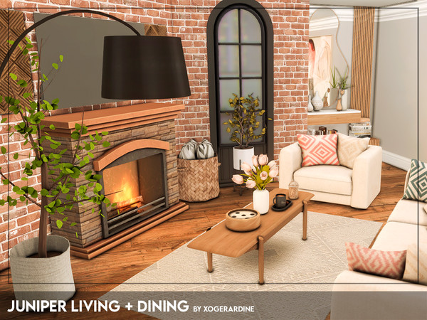 Sims 4 — Juniper Living + Dining (TSR only CC) by xogerardine — Cozy living room with dining space!