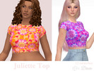 Sims 4 — Juliette Top by Dissia — Short sleeves torn at bottom short tshirt in groovy vintage boho flowers pattern :)