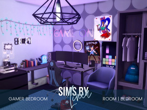 Sims 4 — Gamer Bedroom by SIMSBYLINEA — This teenage bedroom is filled with geeky props, expensive gaming gear and neon