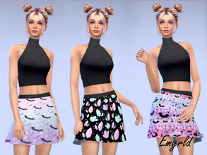 Sims 4 — Pastel Goth Skirts (requires Cats and Dogs) by Emyrld — 3 swatches of a skirt. 2 with bats and 1 with crystals.