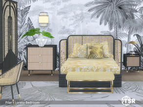 Sims 4 — Loreto Bedroom by Pilar — Elegant styling with a combination of black wood, gold metal and rattan grille. 