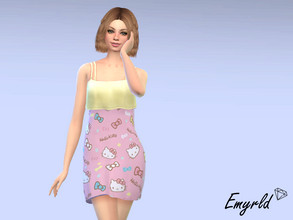 Sims 4 — Pink Pattern Hello Kitty Dress by Emyrld — dress with yellow top half and pink hello kitty pattern bottom