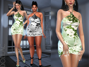 Sims 4 — Floral Print Halter-neck Mini Dress DO501 by DOLilac — Custom thumbnail New Mesh 6 Colors Adult-Elder-Teen-Young