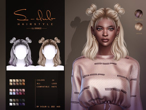 Sims 4 — Double Bun hairstyle (Yuki) by S-Club — Double Bun hairstyle,24 base colors, support HQ mod and the hats