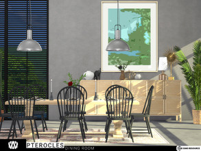 Sims 4 — Pterocles Dining Room by wondymoon — The long wooden dining table is complemented by colorful chairs; Pterocles
