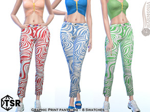 Sims 4 — Graphic Print Pants by Harmonia — All Lods 8 Swatches HQ Please do not use my textures. Please do not re-upload.