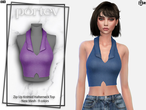 Sims 4 — Zip Up Knitted Halterneck Top by portev — New Mesh 9 colors All Lods For female Teen to Elder