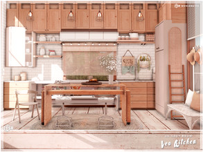 Sims 4 — Leo Kitchen CC only TSR by Moniamay72 — Cozy Kitchen in white, light brown colors. Size: 6x6, medium walls. This