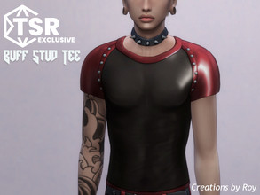 Sims 4 — Buff Stud Tee by RoyIMVU — This shiny top features a number of studs along the front sleeves with a sheer torso.