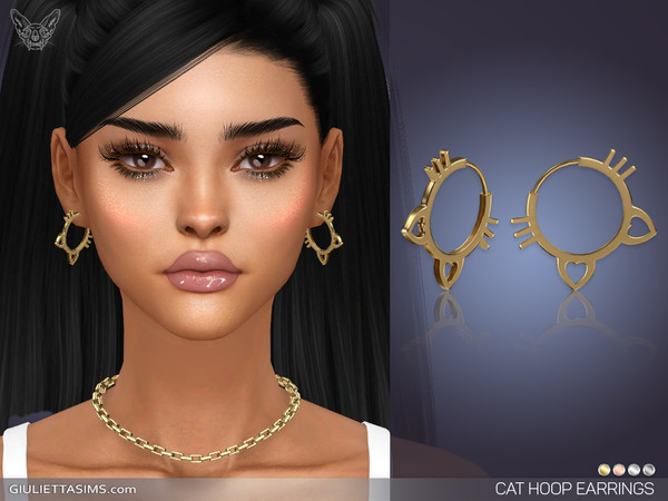 Sims 4 — Cat Hoop Earrings by feyona — Cat Hoop Earrings come in 4 colors of metal: yellow gold, white gold, rose gold